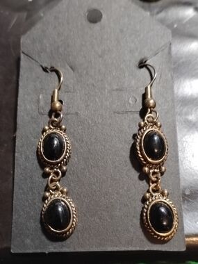 Bronze-Tone Black Stone Double Drop Earrings 2"L Women's Fashion Jewelry Pierced